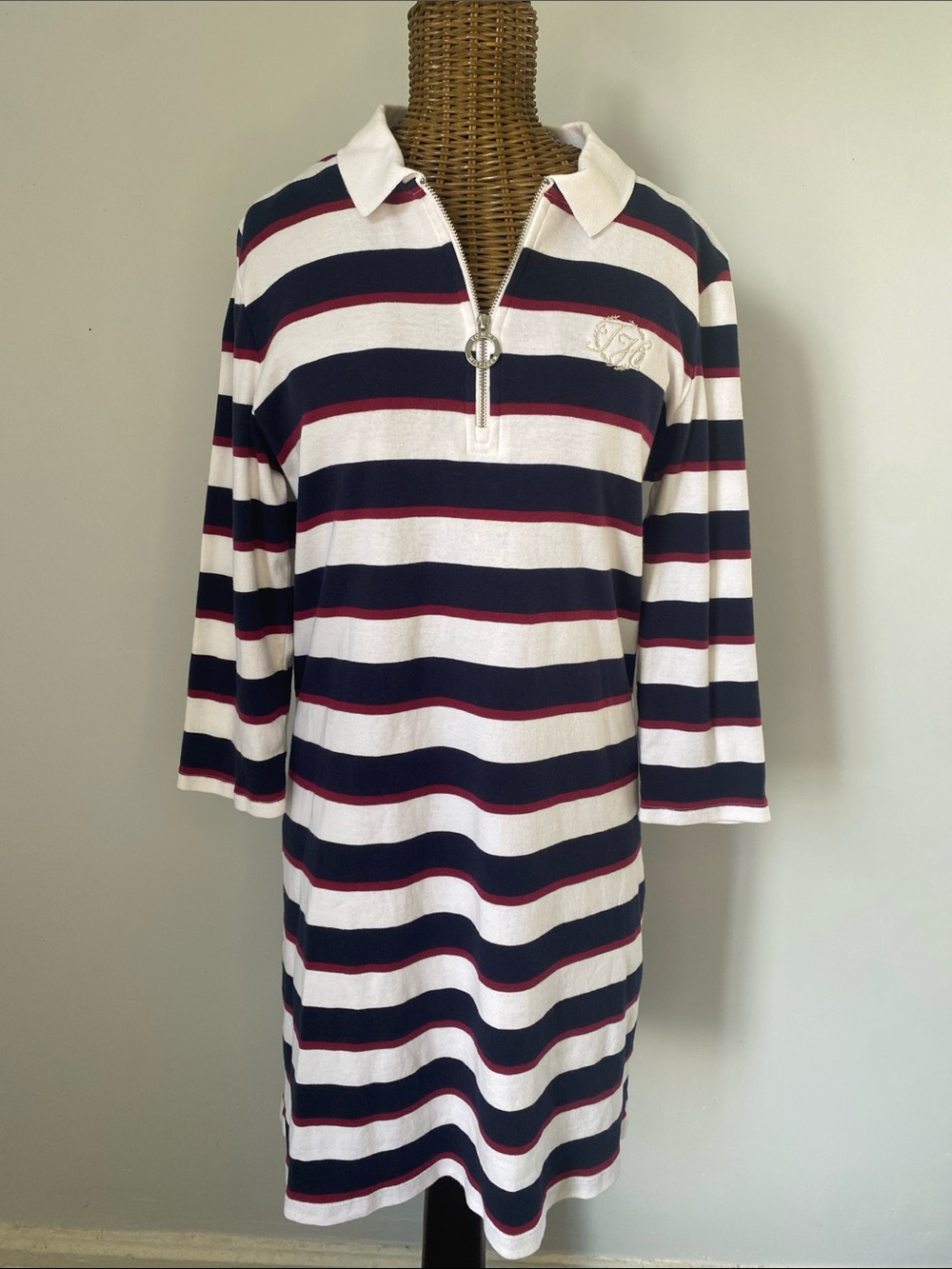 Tommy Hilfiger Preppy Nautical Navy, White & Red Striped Polo Zip-Front Dress